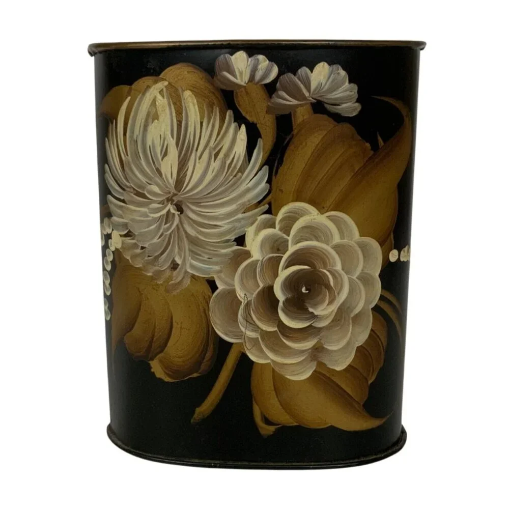Vintage Hand-Painted Toleware Pencil Holder Black Gold Floral Oval Design